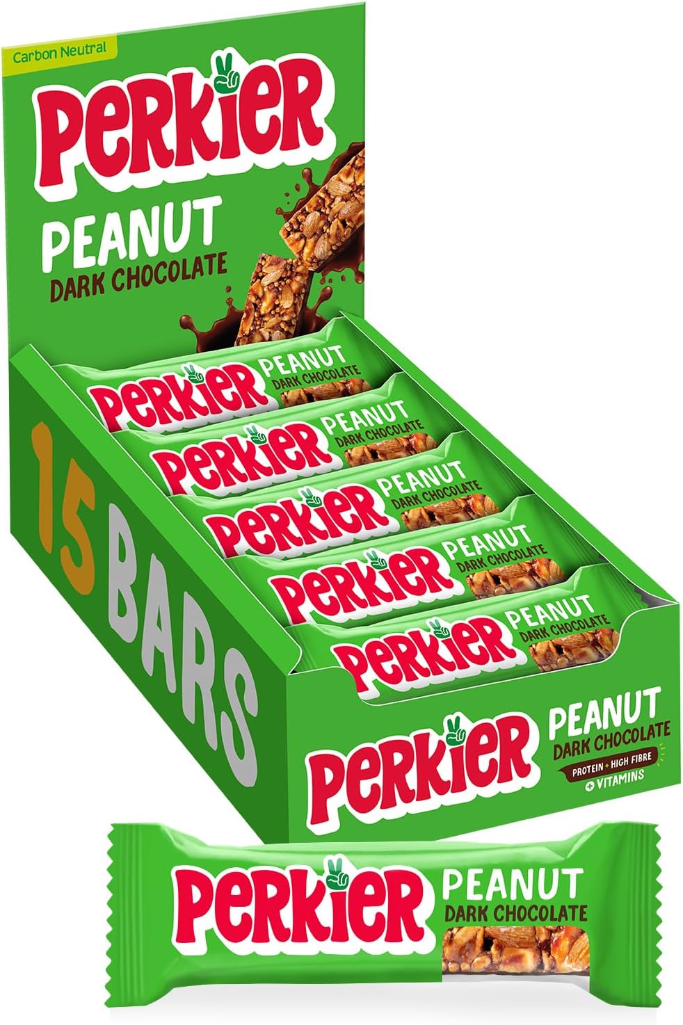 Perkier Peanut Dark Chocolate Bars (15 Bars), Vegan, Gluten Free, Protein, High Fibre, Lower Sugar Snack, Natural Ingredients, Lower Calorie, Healthy, No Palm Oil, Nut Bar, Carbon Neutral