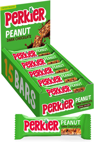 Perkier Peanut Dark Chocolate Bars (15 Bars), Vegan, Gluten Free, Protein, High Fibre, Lower Sugar Snack, Natural Ingredients, Lower Calorie, Healthy, No Palm Oil, Nut Bar, Carbon Neutral