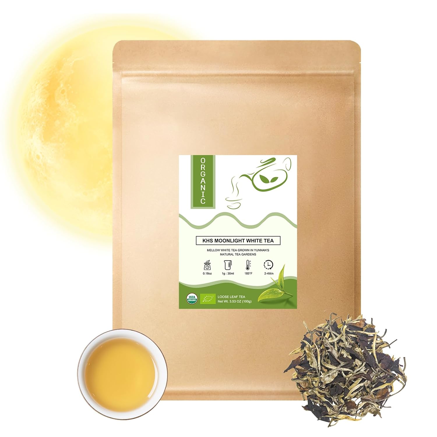 Organic Grade Aaa Moonlight White Tea Loose Tea Leaves, Usda Certified Organic White Tea Loose Leaf, No Dust Production Workshop, Chinese Yunnan Ancient Tree White Tea Perfect For Hot Blew, 3.5 Oz