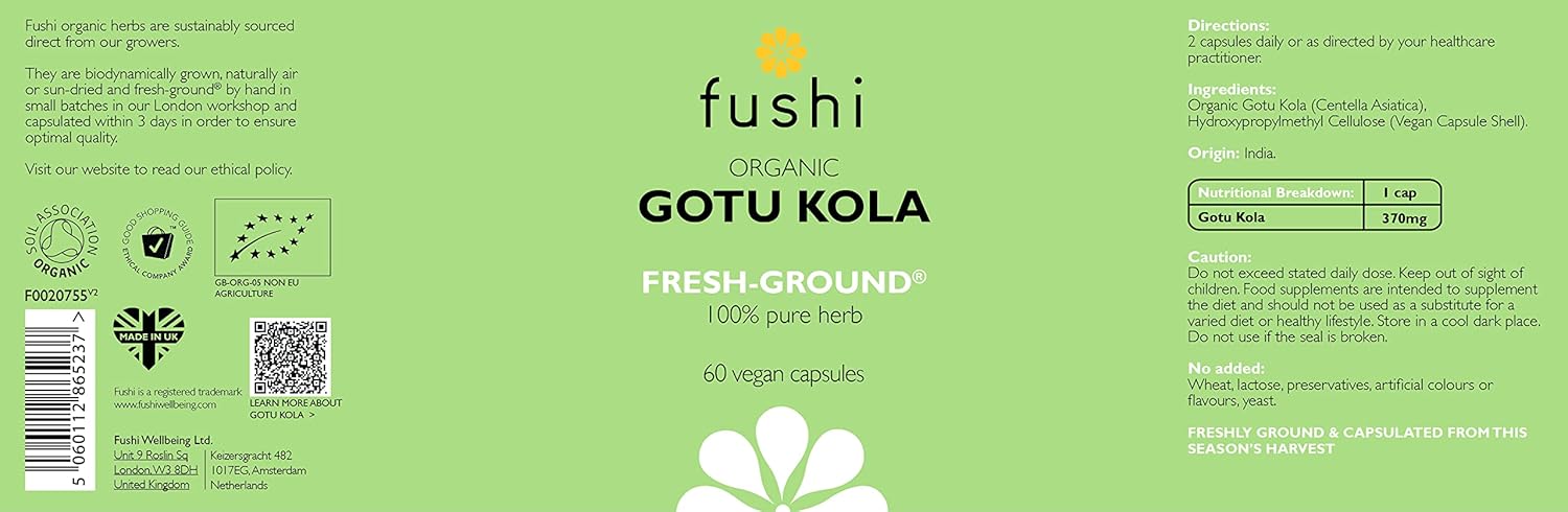 Fushi Organic Gotu Kola Capsules, 60 Caps | Fresh-Ground Whole Food | Ayurvedic Herb for Memory & Concentration | Helps Skin Problems, Varicose Veins & Wounds | Ethical & Vegan | Made in the UK : Amazon.co.uk: Health & Personal Care