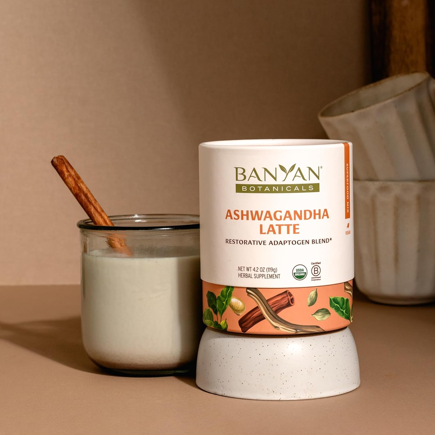 Banyan Botanicals Ashwagandha Latte – Caffeine-Free Organic Herbal Latte Mix – Instant Herbal Adaptogen Drink For Energy, Relaxation, And Nourishment* – 4.2 Oz – Non-Gmo Sustainably Sourced Vegan : Grocery & Gourmet Food