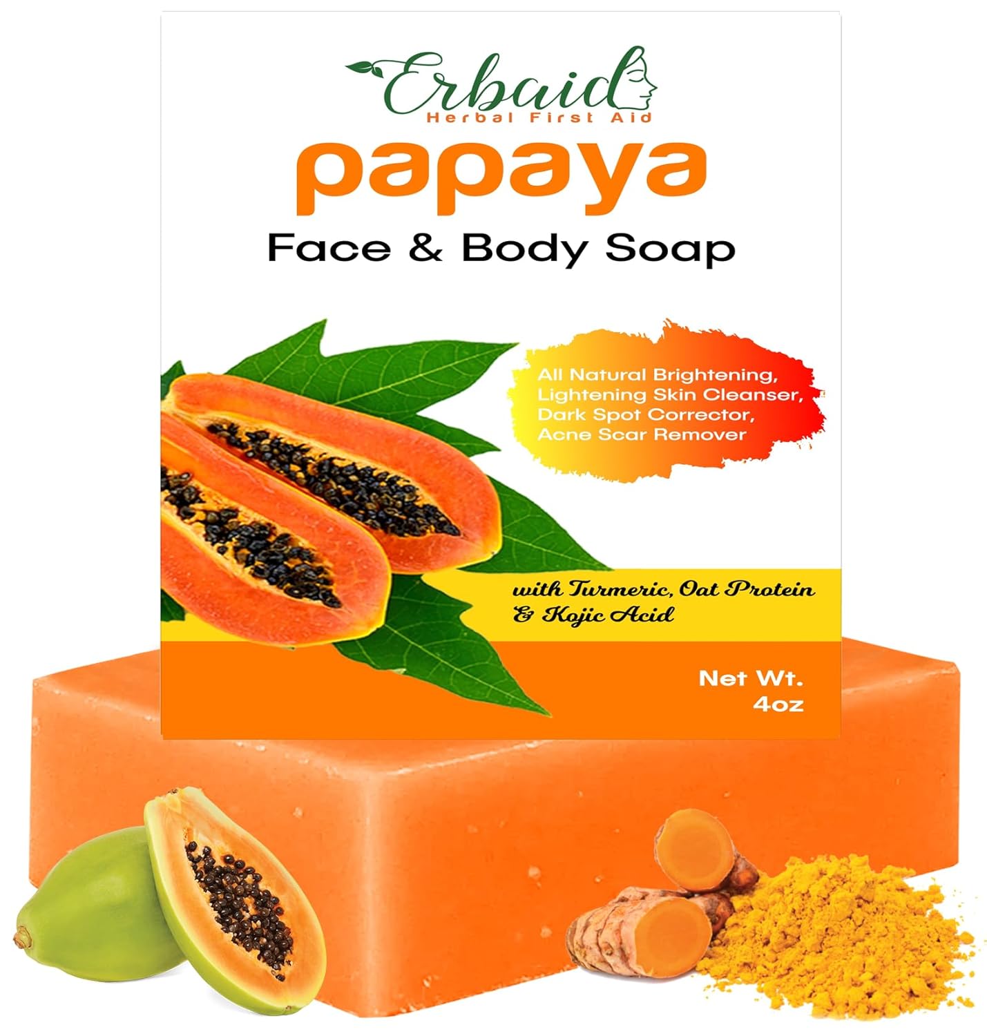 Papaya Soap Face & Body Wash – Skin Brightening Papaya Soap Bar For Dark Spots – Reduce Acne, Cleanse Scars, & Even Tone – With Turmeric, Kojic Acid & Essential Oils – For All Types