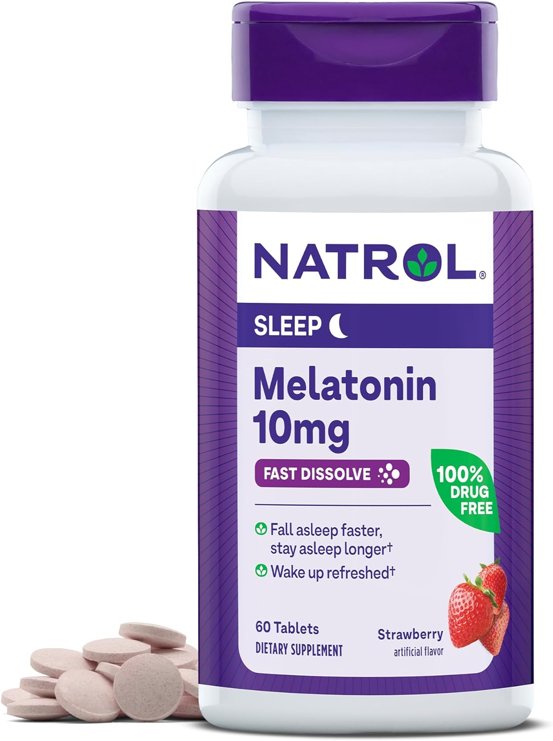 Natrol Melatonin 10Mg, Strawberry-Flavored Sleep Support Dietary Supplement For Adults, 60 Fast-Dissolve Tablets, 60 Day Supply