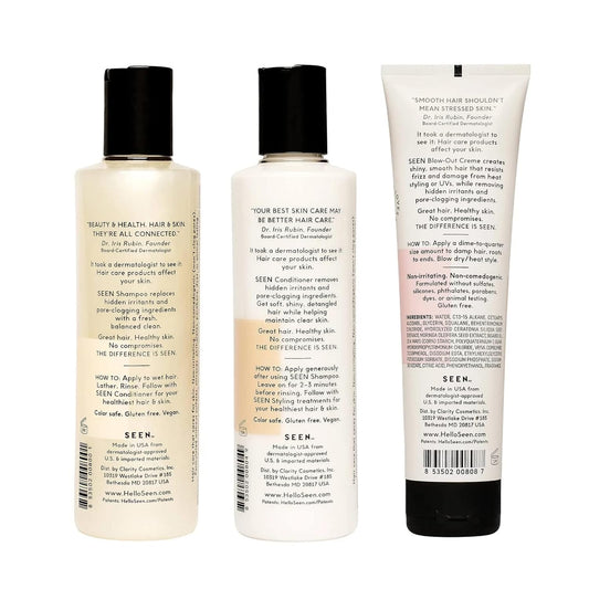 Seen Shampoo, Conditioner & Blow-Out Creme- Scented - Non-Comedogenic & Sulfate-Free Blow Out Hair Cream- Reduces Frizz- Heat Protectant