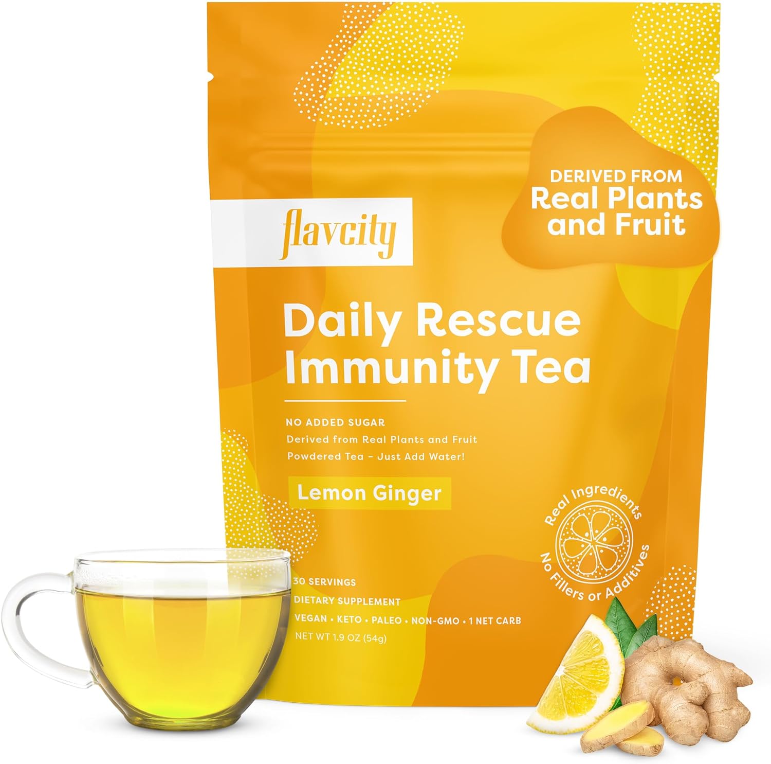 FlavCity Daily Rescue Lemon Ginger Immunity Tea with No Added Sugar - Delicious Caffeine-Free Herbal Tea Mix for Wellness Boost - Shelf-Stable, Vegan, Keto & Non-GMO (1.9 oz, 30 Servings)