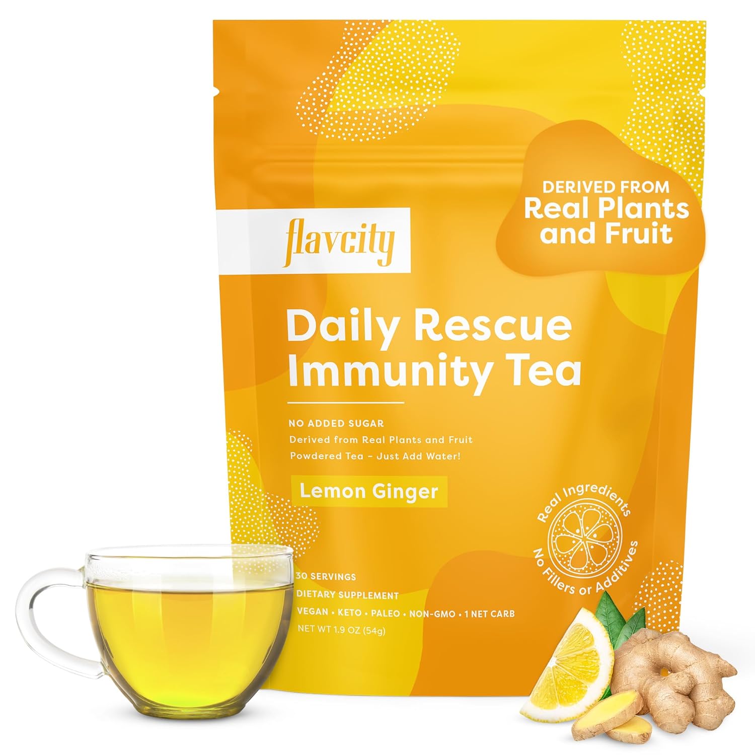 Flavcity Daily Rescue Lemon Ginger Immunity Tea With No Added Sugar - Delicious Caffeine-Free Herbal Tea Mix For Wellness Boost - Shelf-Stable, Vegan, Keto & Non-Gmo (1.9 Oz, 30 Servings)