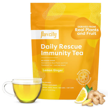 Flavcity Daily Rescue Lemon Ginger Immunity Tea With No Added Sugar - Delicious Caffeine-Free Herbal Tea Mix For Wellness Boost - Shelf-Stable, Vegan, Keto & Non-Gmo (1.9 Oz, 30 Servings)