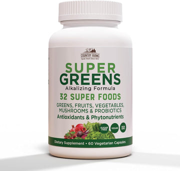 Country Farms Super Greens Vegicaps, 32 Super Foods, Whole Food Supplement, Greens, Fruit, Vegetables, Mushrooms & Probiotics, Rich In Antioxidants & Phytonutrients, 60 Count, 30 Servings