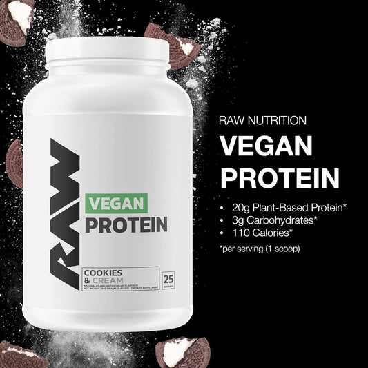 RAW Vegan Protein Powder, Cookies N Cream - 20g of Plant-Based Protein Powder & Fortified with Vitamins for Muscle Growth & Recovery - Low-Fat, Low Carb, Naturally Flavored & Sweetened - 25 Servings