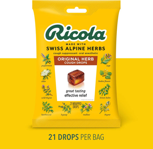 Ricola Original Herbal Cough Suppressant Throat Drops, 21ct Bag, Pack of 2