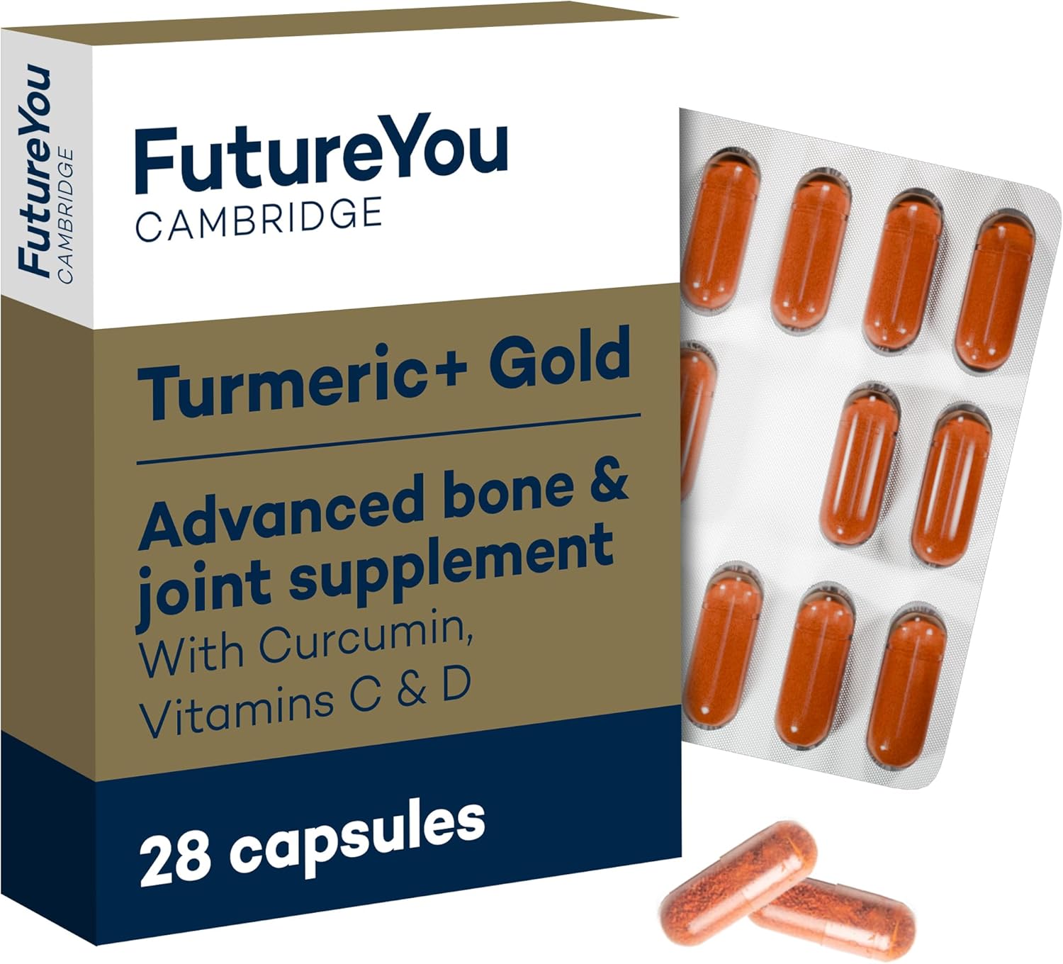 Turmeric+ Gold Supplement – 28 Turmeric Capsules High Strength – Curcumin Capsule Patented Meriva Formulation With Vitamins C & D – Tablets For Bones, Joints & Muscles By Futureyou Cambridge