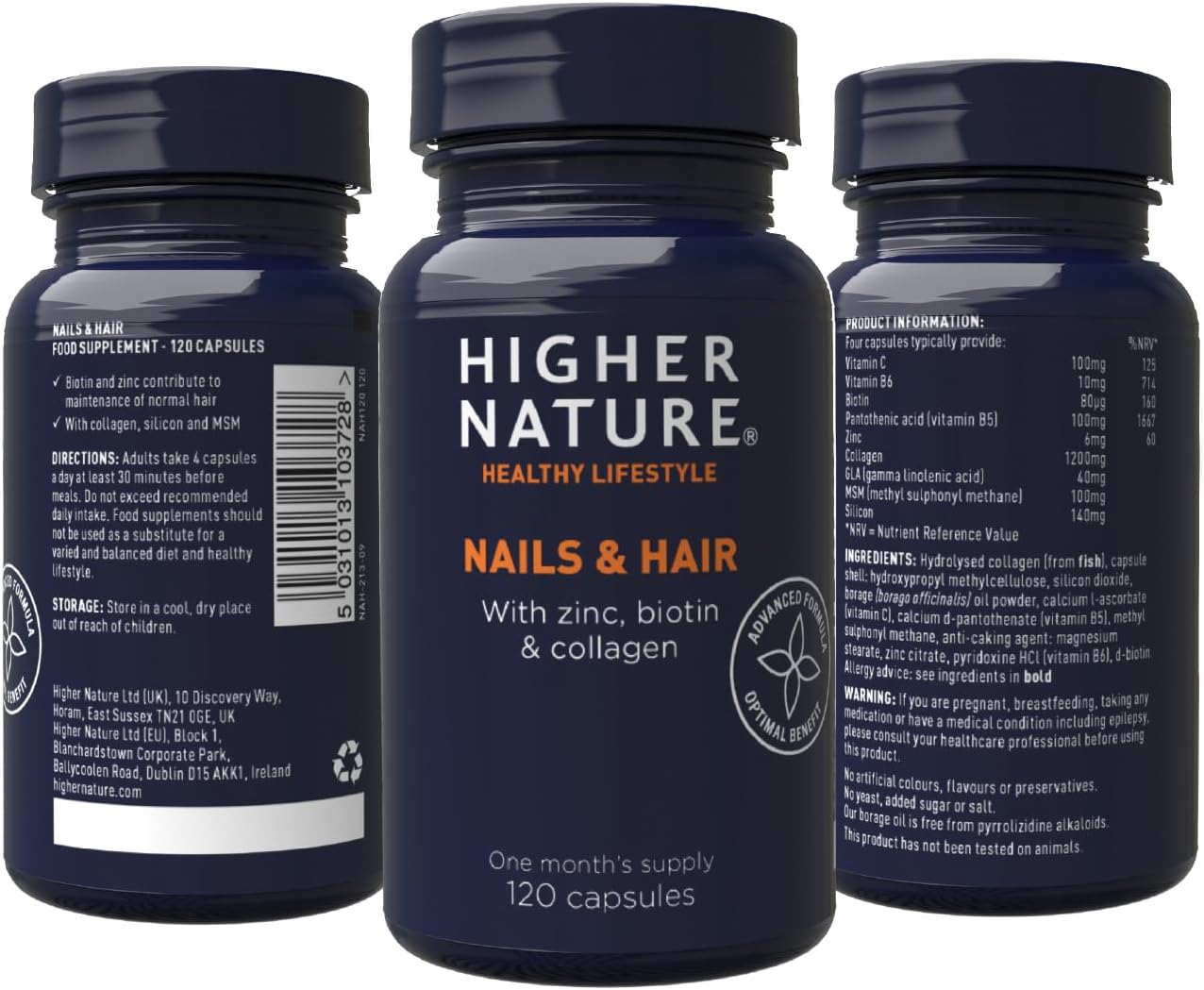 Higher Nature - Nails & Hair - Contains Zinc, Biotin & Collagen - Supports Beautiful Skin - 120 Capsules : Amazon.co.uk: Health & Personal Care