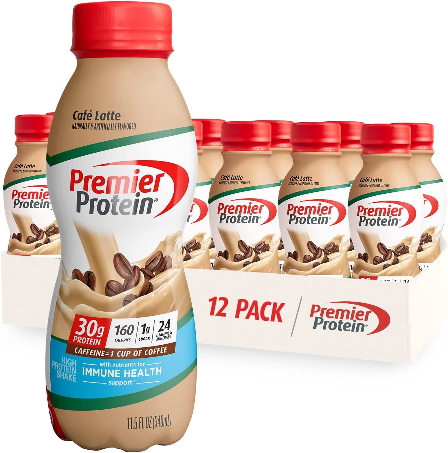 Premier Protein Shake, Café Latte, 30G Protein, 1G Sugar, 24 Vitamins & Minerals, Nutrients To Support Immune Health 11.5 Fl Oz, 12 Pack