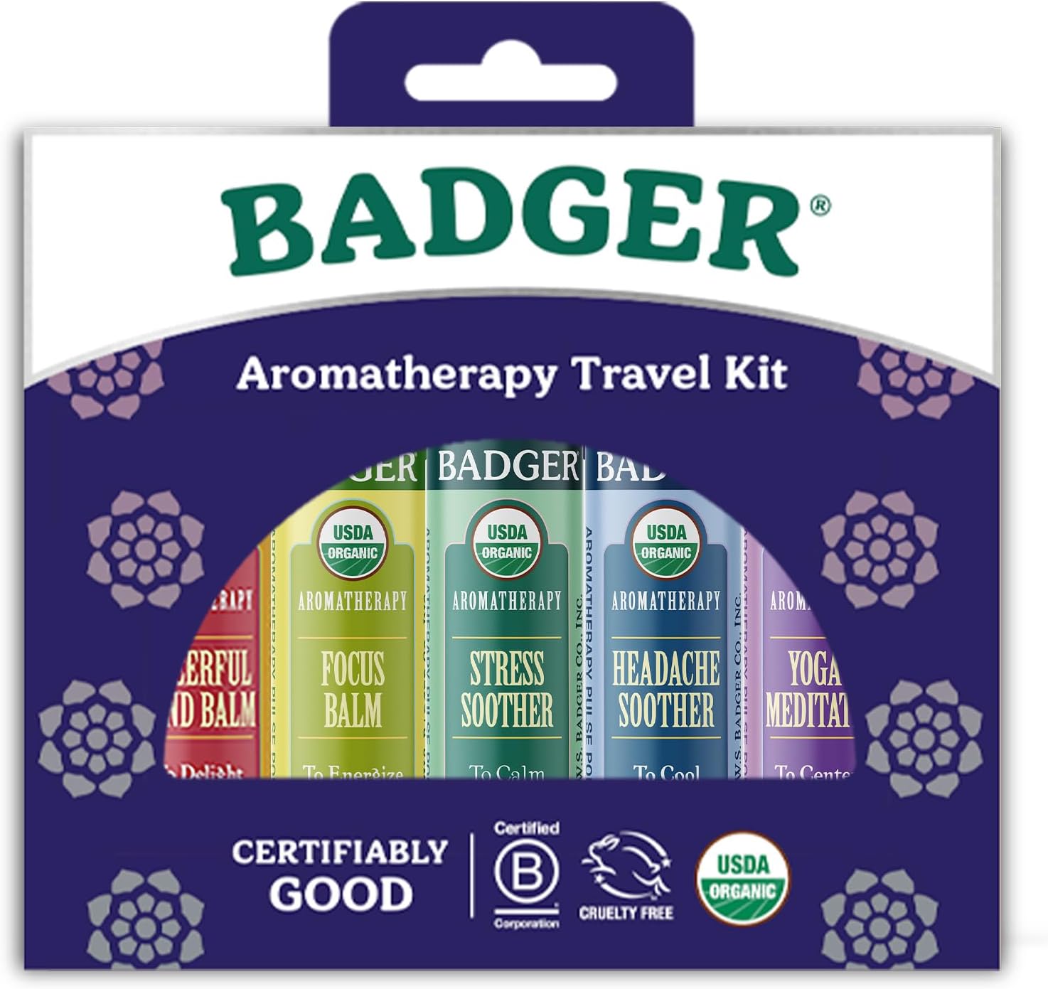 Badger - Aromatherapy Balm Stick Variety Pack, Certified Organic, Cheerful Mind, Stress Soother, Focus, Headache Soother, Yoga & Meditation, Aromatherapy Oils, Essential Oil Rollers, 0.15 Oz (5 Pack)