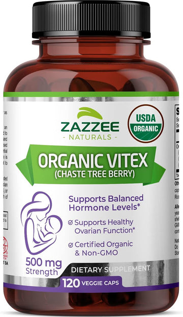 Zazzee Usda Organic Vitex, 500 Mg Strength, 120 Vegan Capsules, 4 Month Supply, Standardized And Concentrated 4X Extract, Whole Usda Certified Organic Chaste Berry, All-Natural And Non-Gmo