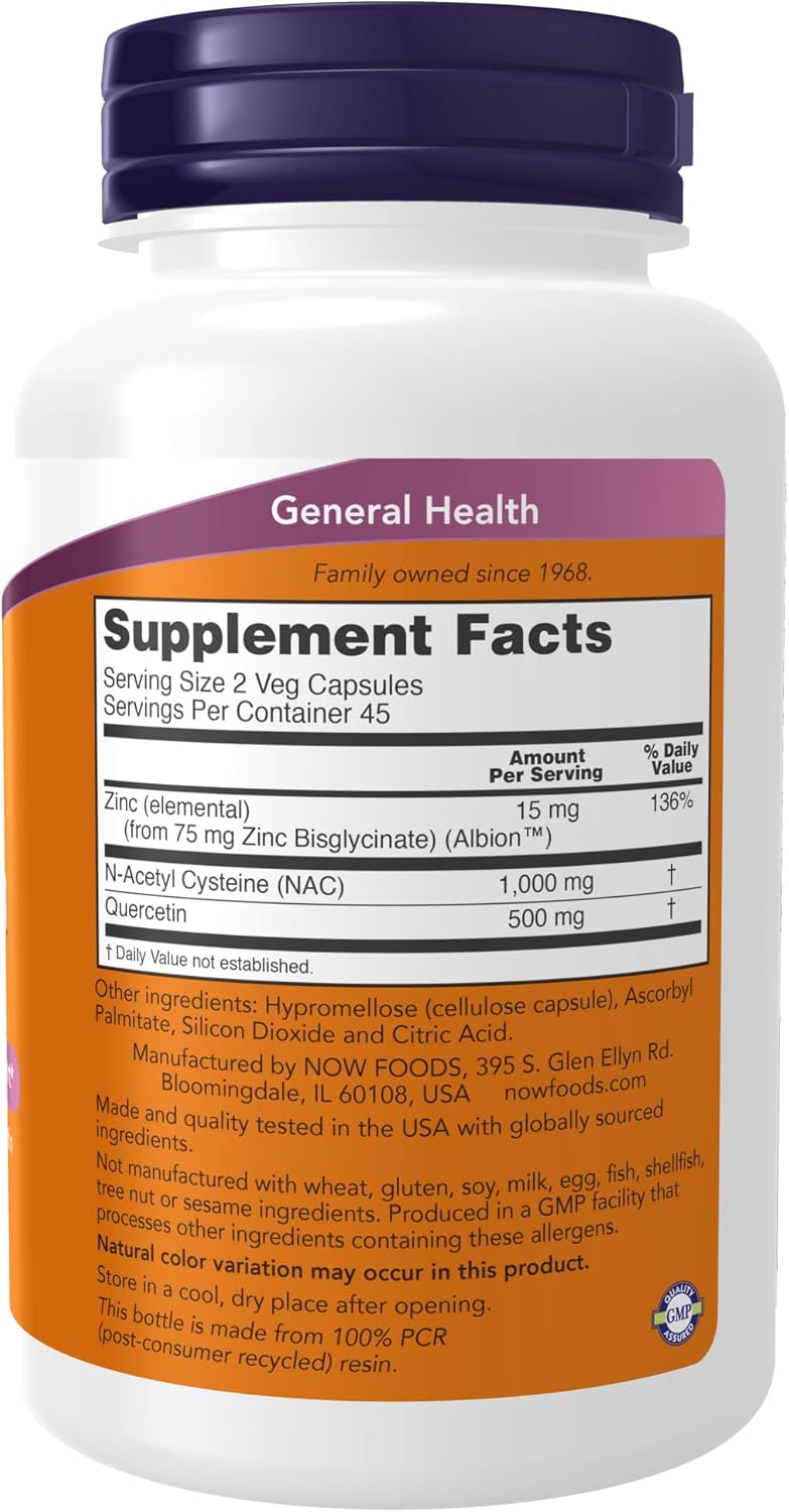 NOW Supplements, NAC Quercetin and Zinc, Immune and Respiratory Support*, 1,000 mg NAC, 500 mg Quercetin, 15 mg Zinc, 90 Veg Capsules