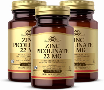 Solgar Zinc Picolinate 22 Mg - 100 Tablets, Pack Of 3 - Antioxidant, Skin & Immune System Support - Non-Gmo, Vegan, Gluten Free, Kosher - 300 Total Servings