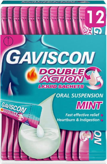Gaviscon Double Action Mint Liquid Sachets, 12 Pack - Fast-Acting Heartburn, Indigestion, Acid, Stomach Pain Relief, Long-Lasting Antacid For Digestion And Nausea