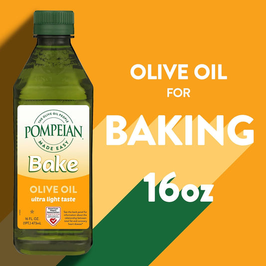 Pompeian Made Easy Bake Olive Oil, Ultra Light Taste, Perfect For Baking Foods Such As Brownies And Cakes, American Heart Association Certified, Non-Allergenic, Non-Gmo, 16 Fl Oz (Pack Of 1)