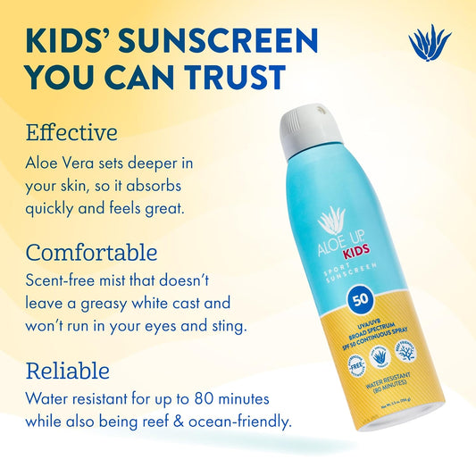 Aloe Up Kids Continuous Sport Sunscreen Spray SPF 50 - Broad Spectrum Sheer Face and Body Sunscreen Protector for Sensitive Skin - With Aloe Vera Gel - Dries Fast - Reef Safe - Fragrance-Free - 6 Oz