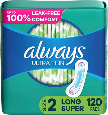 Always Ultra Thin, Feminine Pads For Women, Size 2 Long Super Absorbency, Multipack, Without Wings, Unscented, 40 Count X 3 Pack (120 Count Total)