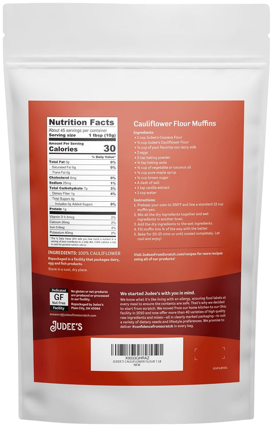 Judee's Cauliflower Flour 1 lb - Just One Ingredient - 100% Non-GMO, Gluten-Free, and Nut-Free - Perfect for Baking and Cooking - Great for Soups, Stews, and Chilis