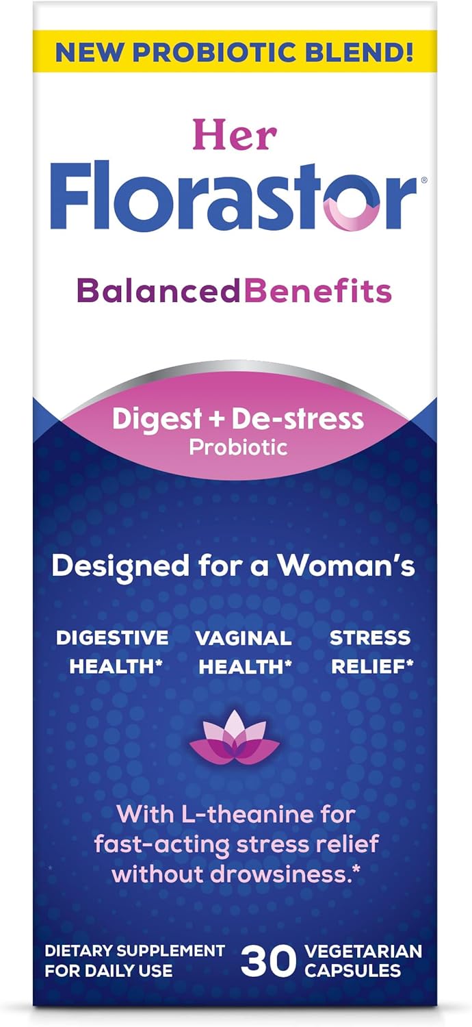 Florastor Her Digest And De-Stress Women'S Probiotic And Stress Relief Supplement, Probiotics For Digestive Health, Vaginal Probiotics, And L-Theanine For Mind And Body Wellness, 30 Capsules