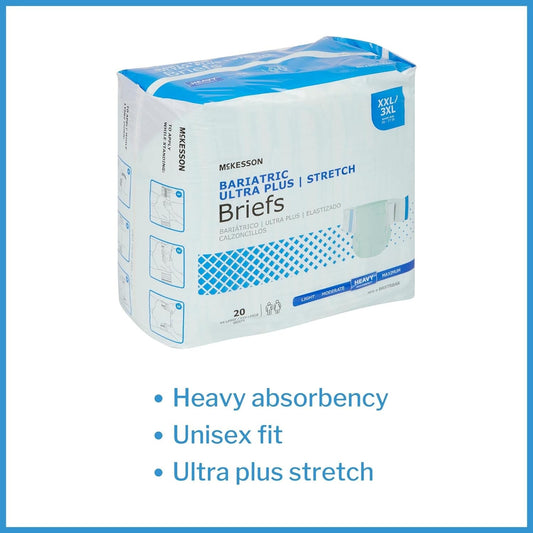 Mckesson Bariatric Ultra Plus Stretch Briefs, Incontinence, Adult Unisex, Heavy Absorbency, 2Xl / 3Xl, 20 Count, 1 Pack