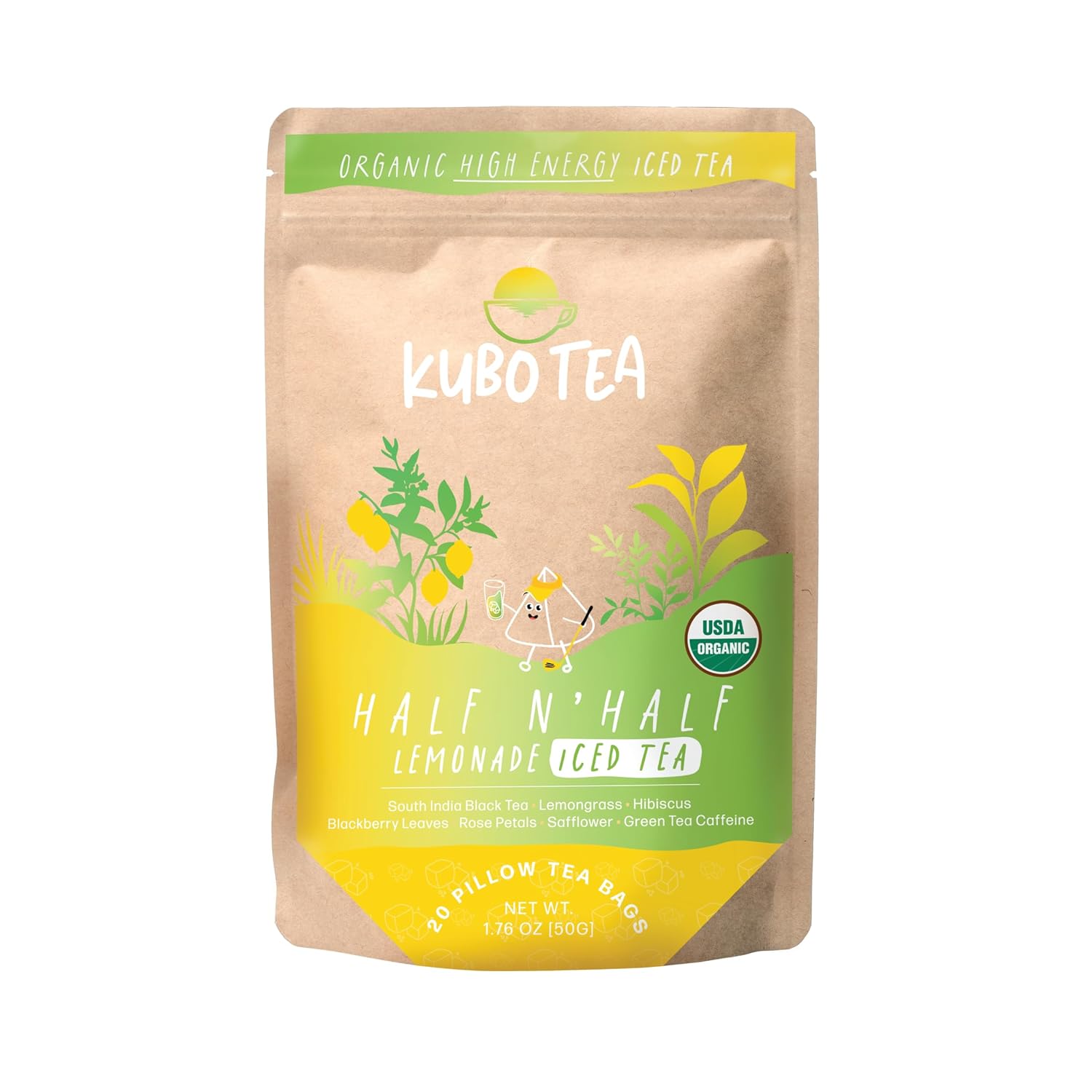 Kubo Tea, Organic High Energy Ice Tea, High Caffeine Blend, 20 Servings (155Mg Caffeine Each), Pillow Tea Bags, Kraft Packaging, Healthy Coffee Substitute (Half & Half Lemonade)