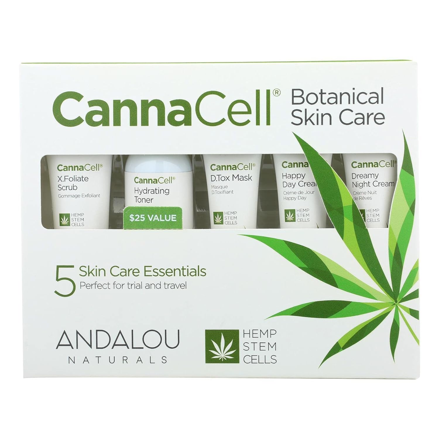 Andalou Naturals CannaCell Botanical Get Started Kit, 5 Piece Set (Scrub, Toner, Mask, Day Cream, Night Cream)