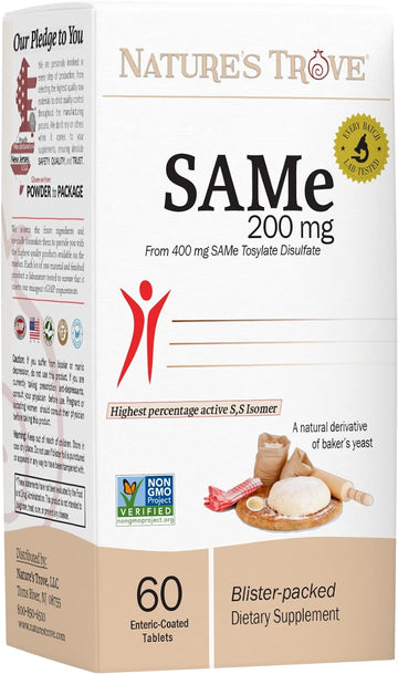 Sam-E 200Mg Daily Supplement - Vegan, Kosher, Non-Gmo, Soy Free, Gluten Free - 60 Enteric Coated Tablets - Cold Form Blister Packed - By Natures Trove