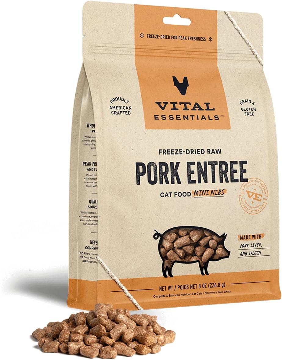 Vital Essentials Freeze Dried Raw Cat Food, Pork Mini Nibs Entree, 8 Oz