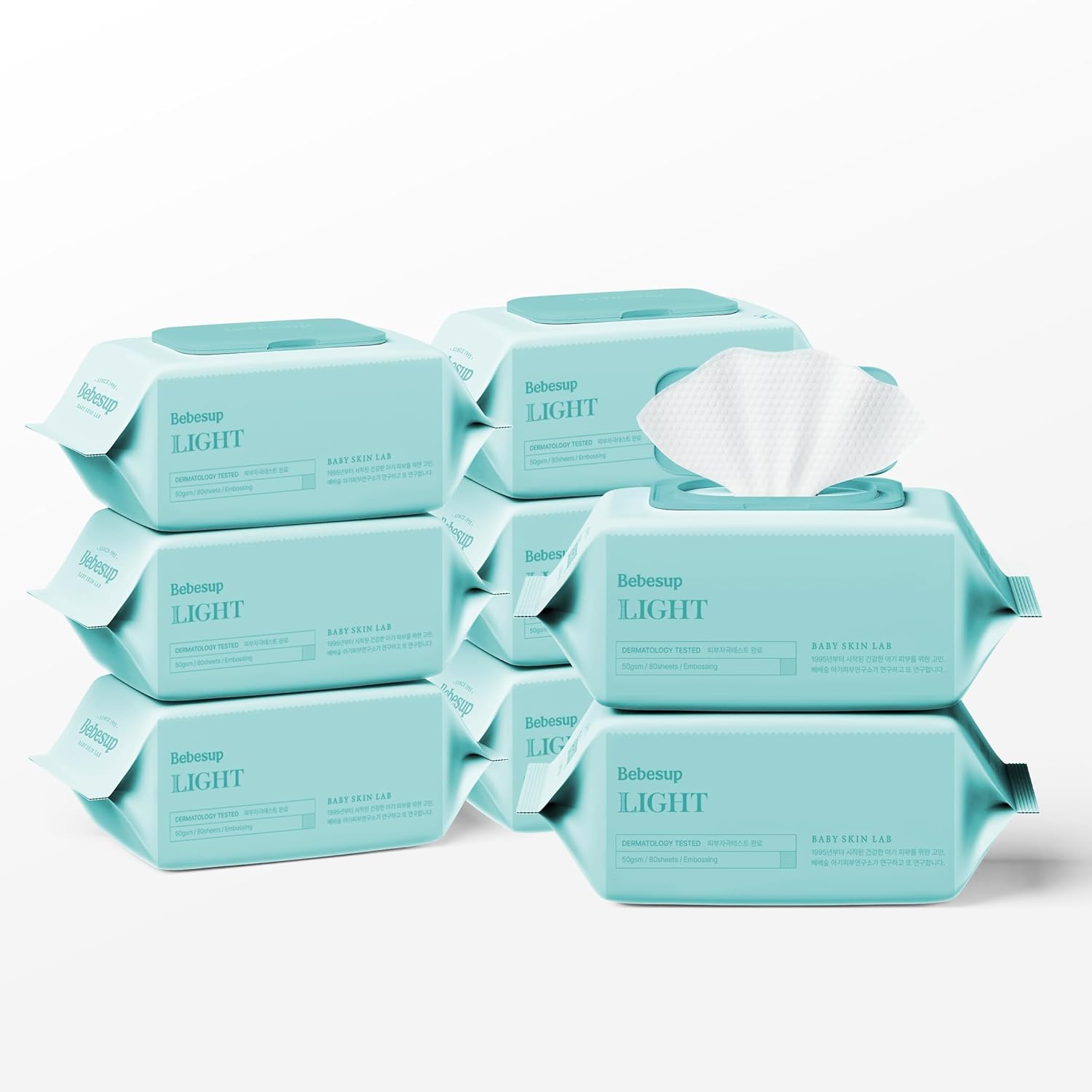 Korea'S #1 Light Baby Wipes - Hypoallergenic, Water-Based, Unscented, Alcohol & Paraben-Free – 50 Gsm Embossed Cloth Flip-Top Plant Based Baby Wipes (640 Count 8 Packs)