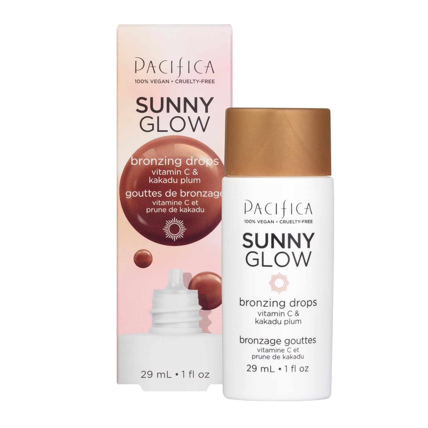 Pacifica Beauty Sunny Glow Bronzing Drops, Makeup, Vitamin C, Glycolic Acid, Kakadu Plum, Liquid Bronzer, Dewy Skin, Healthy Glow, Silky Sunkissed Skin, Skin Care, Vegan, 1 Fl Oz (1 Count)