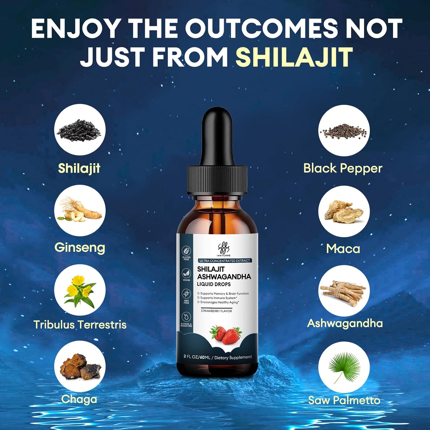 Shilajit Liquid Drop With Ashwagandha For Enhanced Energy And Immune Support, Shilajit For Men Energy Booster, Sugar-Free, Strawberry Flavor, 2 Fl Oz