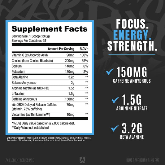 RYSE Up Supplements Element Series Pre-Workout | Everyday Pre-Workout | Beta Alanine, NO3-T Nitrates | 200mg Caffeine | 25 Servings (Blue Raspberry Ring Pop)