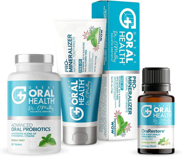 Great Oral Health Dentist Formulated Trio Bundle - Remineralizer Nano-Hydroxyapatite Peppermint Toothpaste - Mint Oral Probiotics For A Healthy Microbiome- Orarestore Oral Health Essential Oil Blend