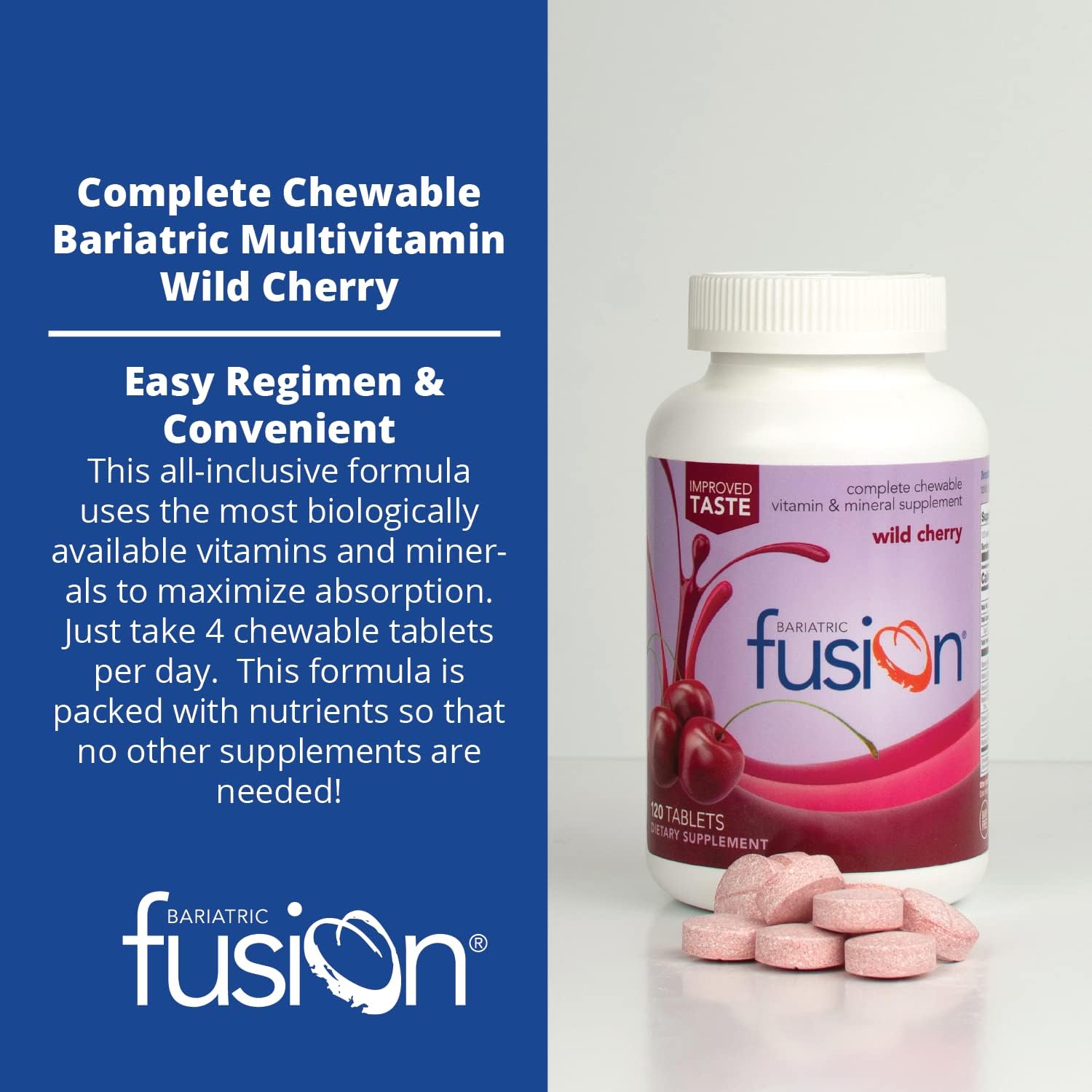 Bariatric Fusion Wild Cherry Complete Chewable Bariatric Multivitamin With Iron For Bariatric Surgery Patients Including Gastric Bypass And Sleeve Gastrectomy - 120 Tablets