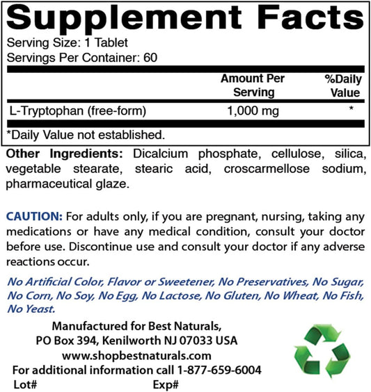 Best Naturals L-Tryptophan 1000 Mg 60 Tablets