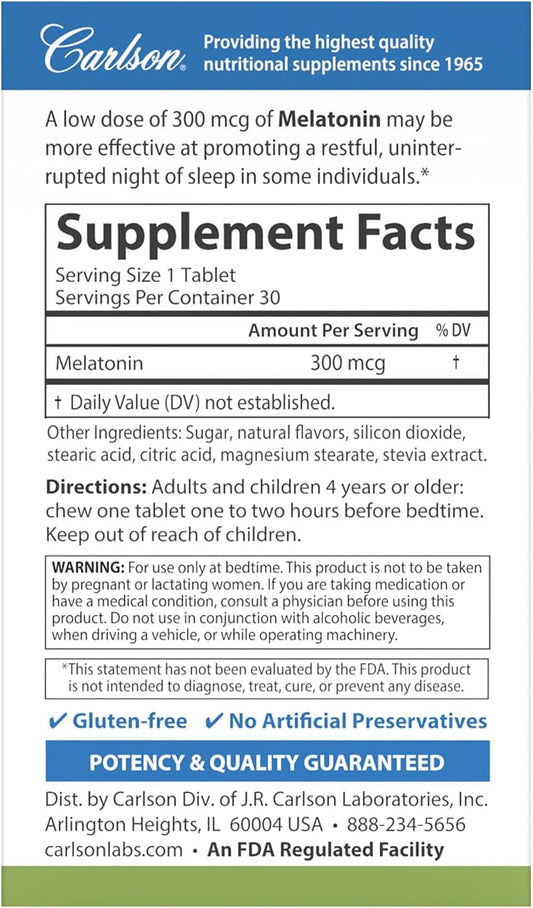 Carlson - Melatonin, 300 mcg, Healthy Sleep, Promotes Relaxation, Natural Strawberry-Lemon Flavor, 30 Chewable Tablets