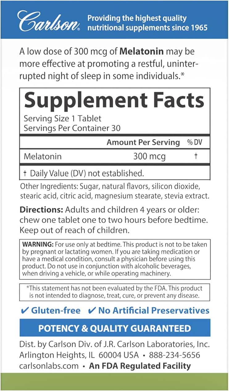 Carlson - Melatonin, 300 mcg, Healthy Sleep, Promotes Relaxation, Natural Strawberry-Lemon avor, 30 Chewable Tablets