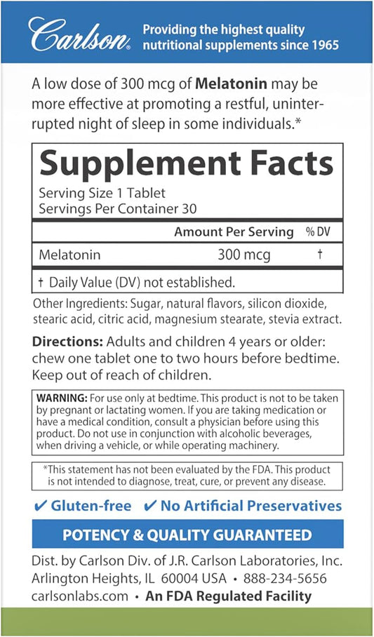 Carlson - Melatonin, 300 mcg, Healthy Sleep, Promotes Relaxation, Natural Strawberry-Lemon avor, 30 Chewable Tablets