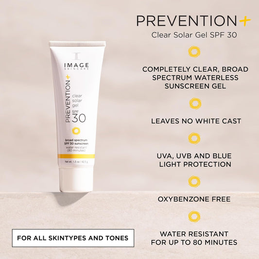 Image Skincare, Prevention+ Clear Solar Gel Spf 30 Sunscreen, Broad Spectrum, Transparent Weightless Finish And No White Cast, Perfect Travel Size, 1.5 Oz