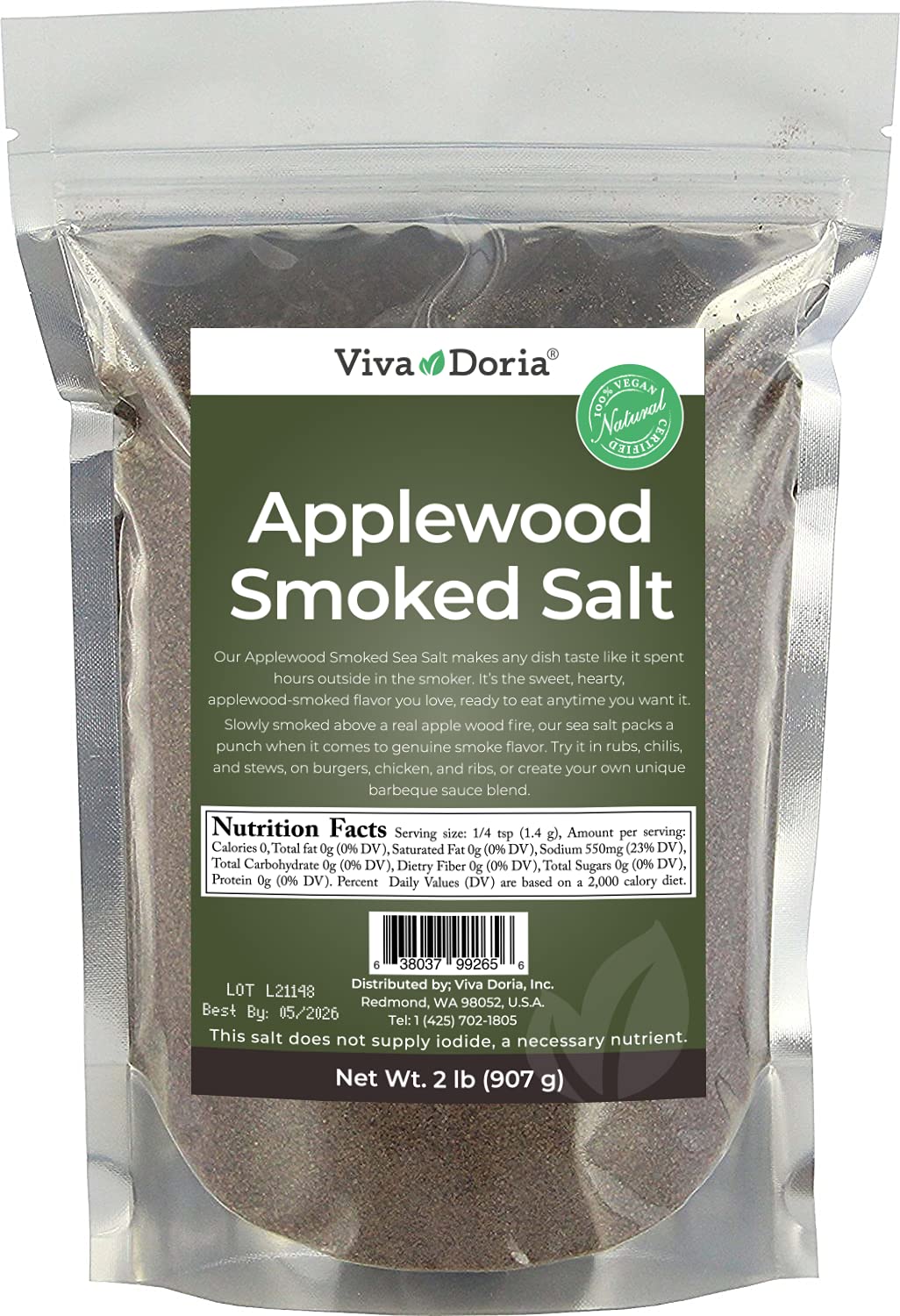 Viva Doria Applewood Smoked Sea Salt - Fine Grain, 2 Lb