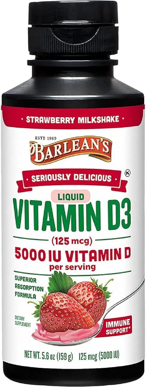 Barlean's Liquid Vitamin D, 5000 IU D3, Strawberry Milkshake Flavored for Kids and Adults, Maximum Absorption, Non-GMO, Gluten-Free - 5.6 oz