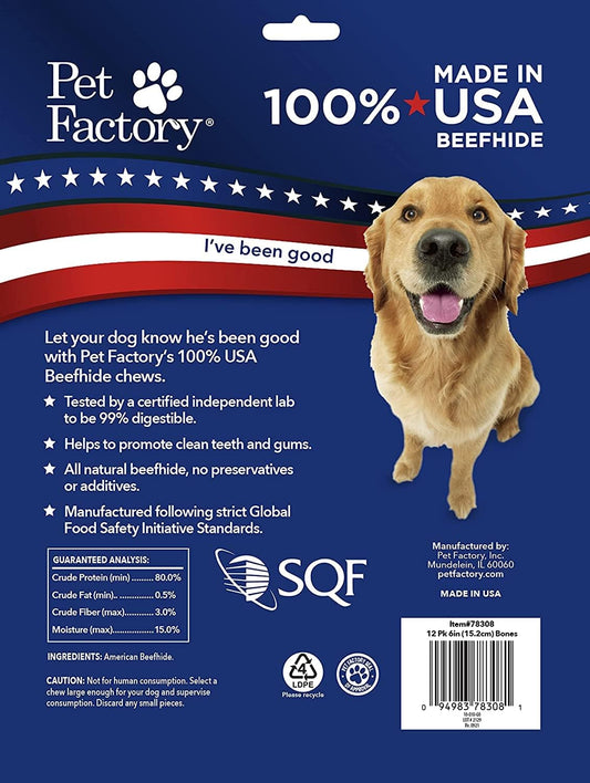 Pet Factory 100% Made In Usa Beefhide 6" Knotted Bones Dog Chew Treats - Natural Flavor, 12 Count/1 Pack