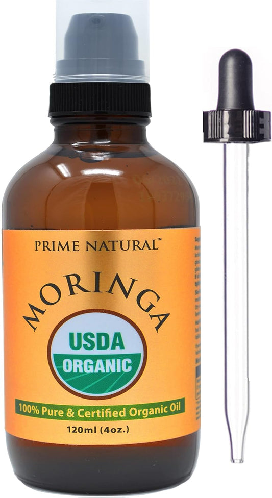 Prime Natural Organic Moringa Oil Usda Certified, 100% Pure, Cold Pressed, Virgin, Unrefined Oil (4Oz /120Ml) - Joints, Skin, Face, Body & Hair - Vegan - Food Grade - Natural Moisturizer