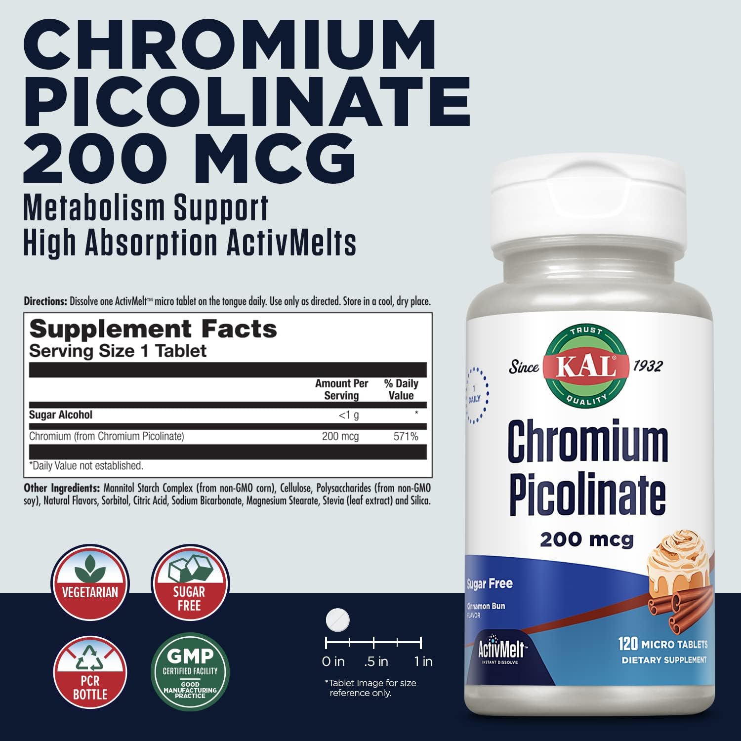 KAL Chromium Picolinate 200mcg Supplement, Healthy Metabolism Support, Fast Dissolving ActivMelts for Enhanced Absorption, Vegetarian, Sugar Free, Cinnamon Bun avor, 120 Servings, 120 Micro Tablets