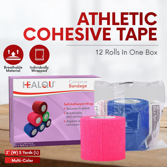 Healqu Self Adhesive Bandage Wrap – Cohesive Tape For Athletic And Sports 3”X5Yd, 12 Rolls - Self Adherent Medical Tape, Flexible, Elastic Bandages Multicolor For Wrist & Ankle Vet Wrap For Dogs