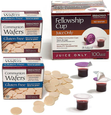 Broadman Church Supplies Pre-Filled Communion Fellowship Cup, Juice Only, 100 Count And Gluten Free Wafer, 100 Count Value Bundle